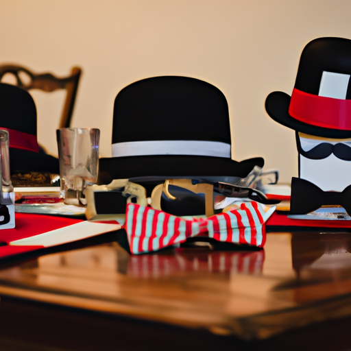 צילום של מגוון אביזרים מונחים על שולחן, כגון כובעים, משקפיים, שפמים ועניבות פרפר.