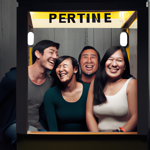 תמונה של קבוצת אנשים בתא צילום, מחייכים וצוחקים.