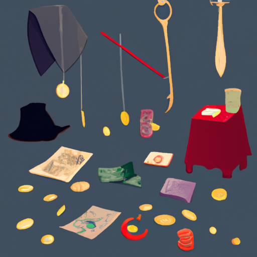 תמונה המציגה מגוון אביזרי קסם כגון קלפים, מטבעות ושרביטים.
