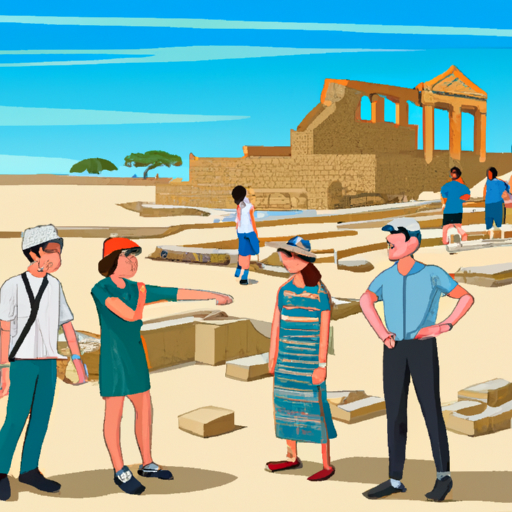 A group of tourists exploring the ruins of an ancient city in Israel, guided by an archaeologist.